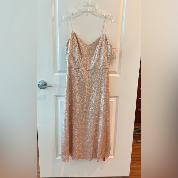Dessy Collection Spaghetti Strap Flared Skirt Sequin Midi Dress Rose Gold NWOT - Picture 2 of 16